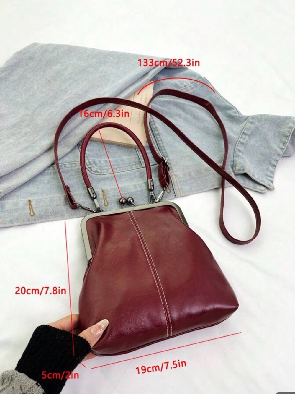SHEIN Burgundy Frame Kiss-Lock Vegan Crossbody/Wrist Strap Purse 👜 - Picture 8 of 12